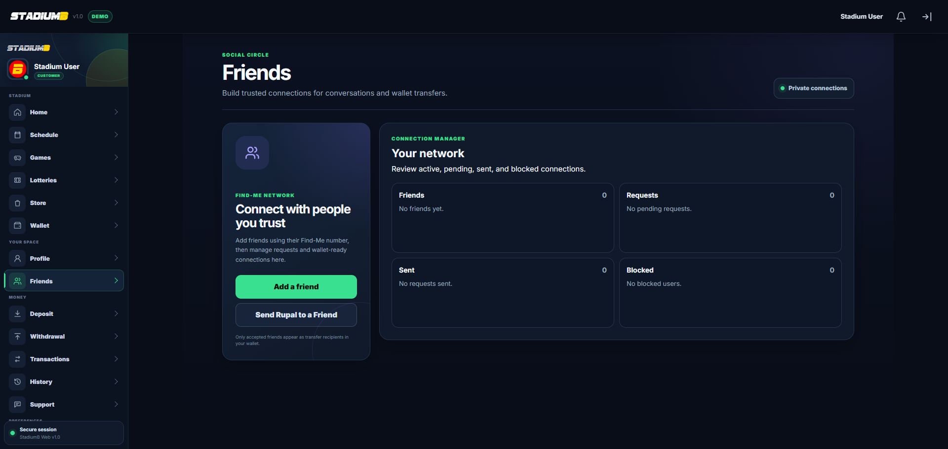 StadiumB Friends page showing Add a friend, Send Rupal to a Friend, and Friends, Requests, Sent, and Blocked lists.