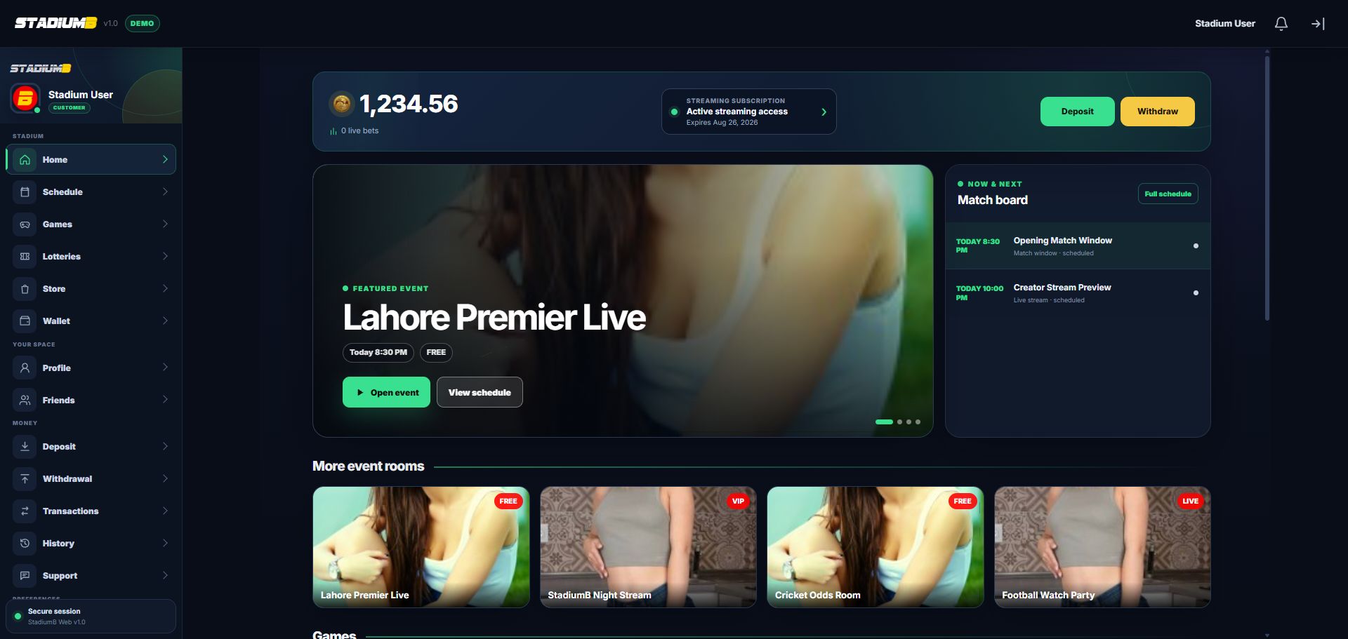Customer Home showing Games and Lotteries sections below event rooms.
