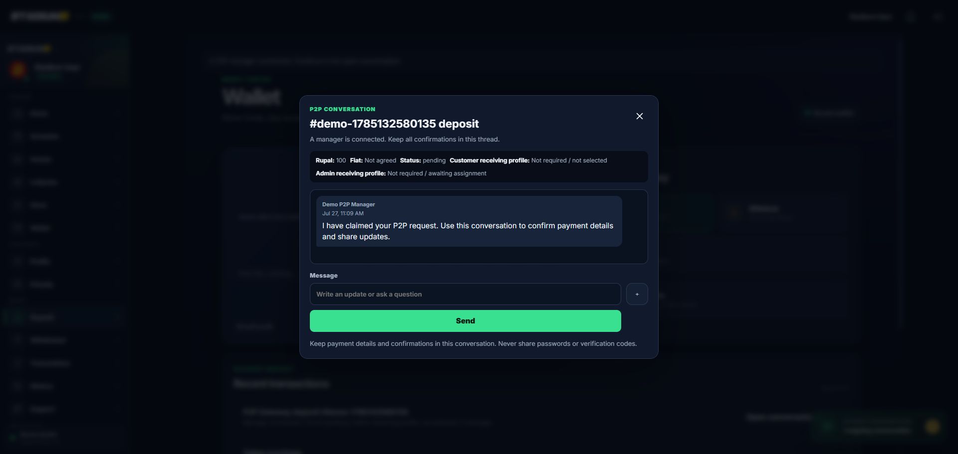 StadiumB P2P conversation showing request reference, Rupal amount, fiat terms, status, receiving profile, message log, and safety reminder.