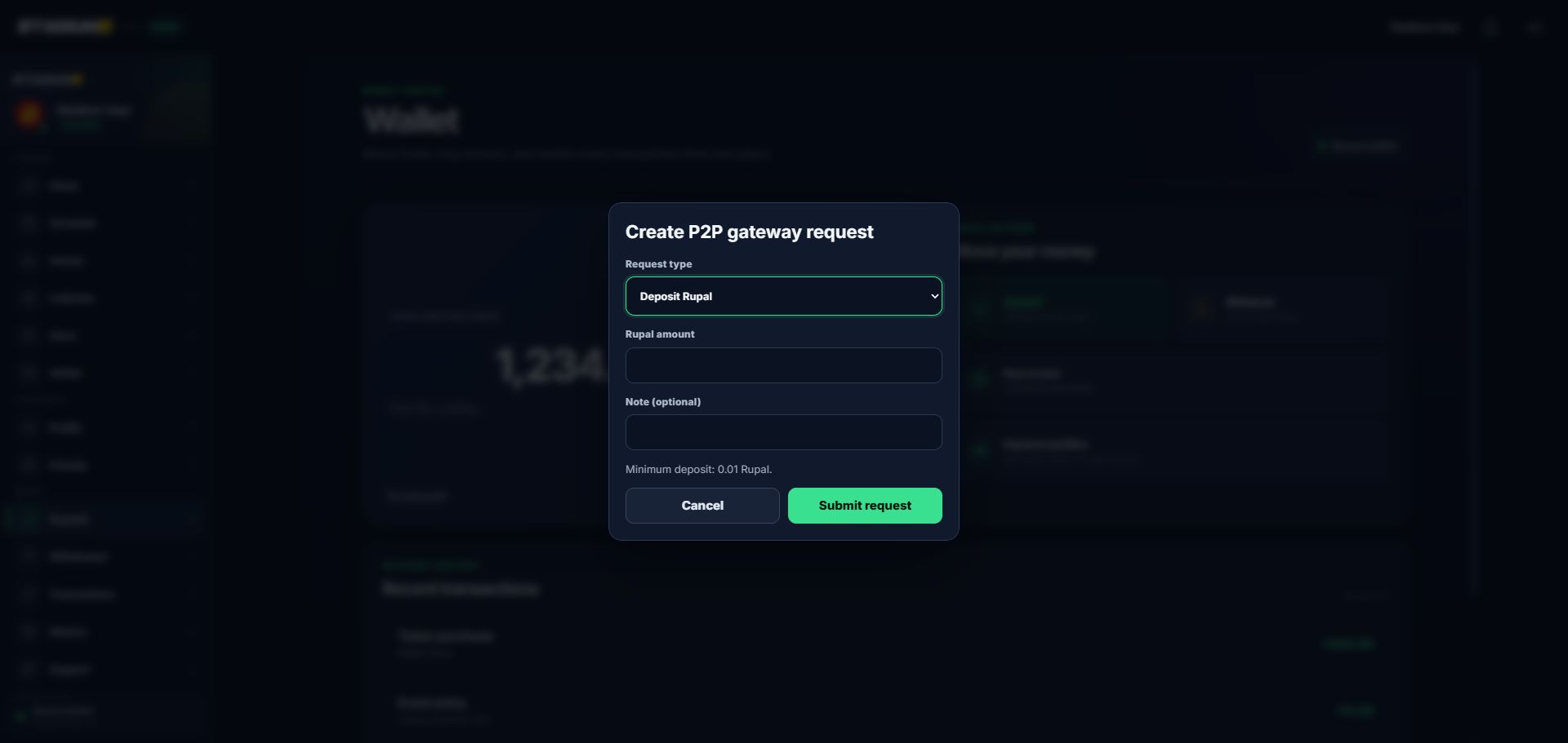 StadiumB P2P request form showing request type, Rupal amount, optional note, minimum amount, and Submit request.