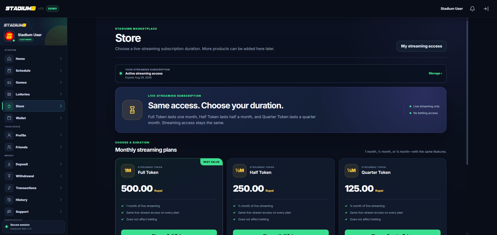StadiumB Store showing active streaming access and Full, Half, and Quarter Token plans.